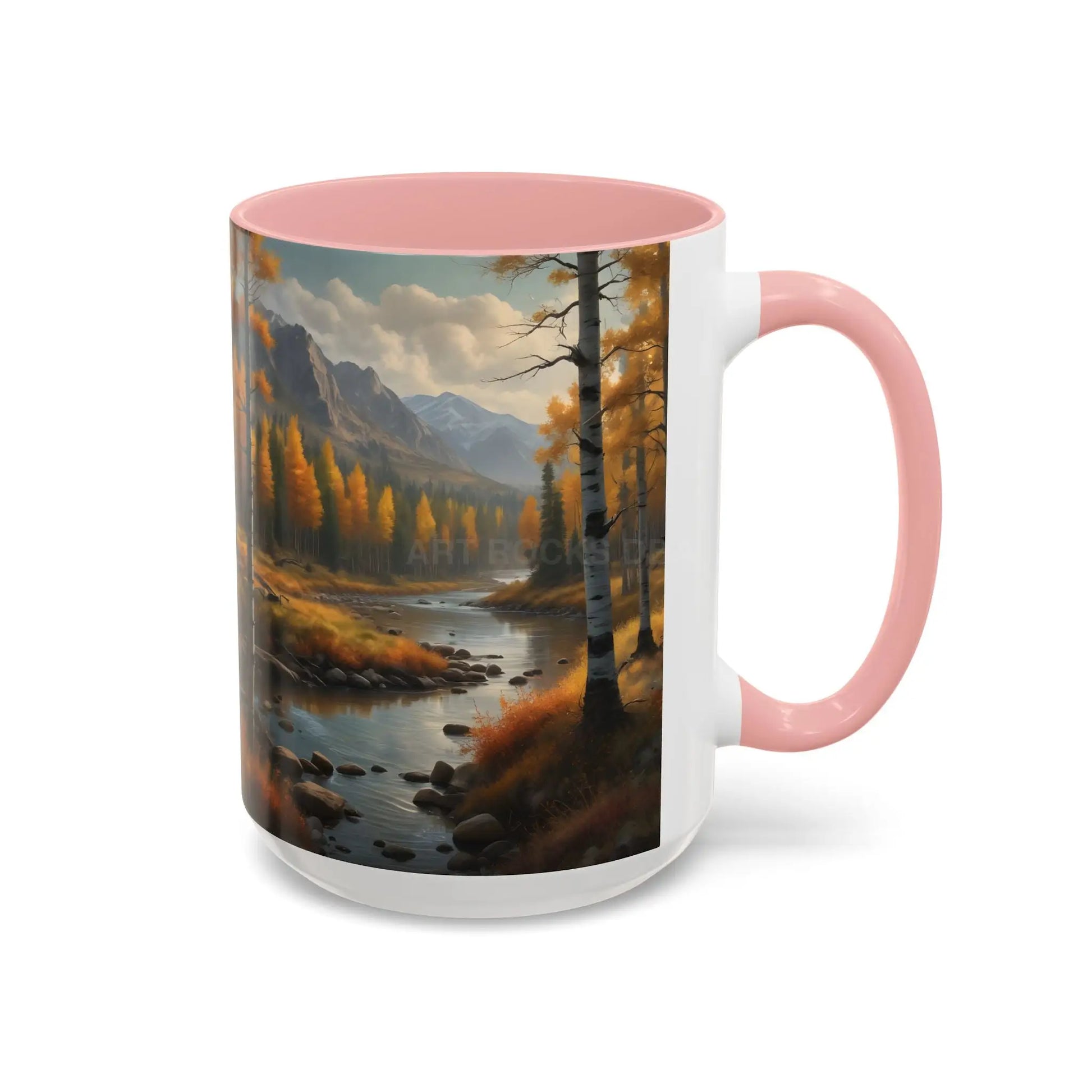 Autumn Mountain Landscape Accent Coffee Mug — Scenic River Cabin Decor ’Rocks’ Text Accent 11/15oz - Mug