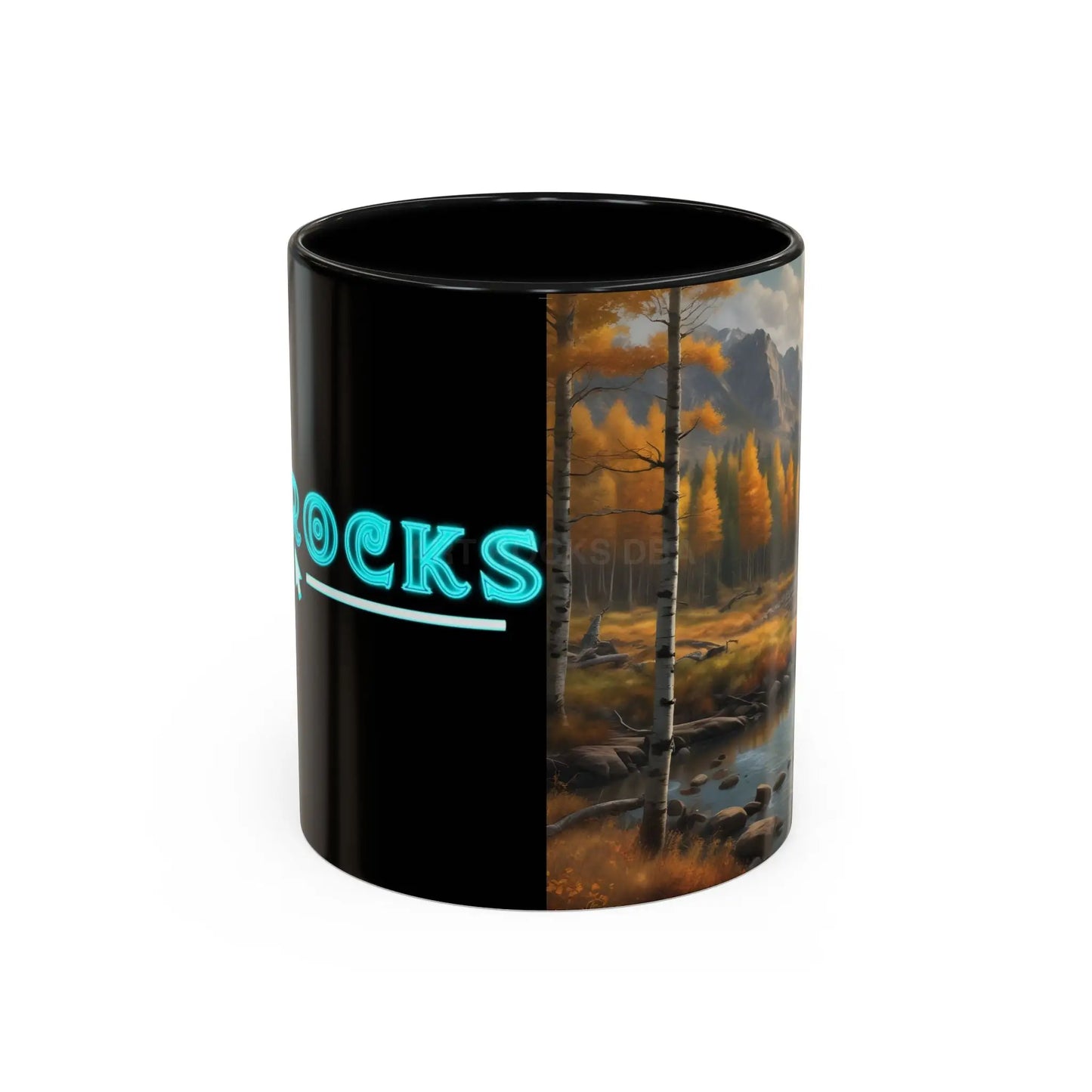 Autumn Mountain Landscape Accent Coffee Mug — Scenic River Cabin Decor ’Rocks’ Text Accent 11/15oz - Mug