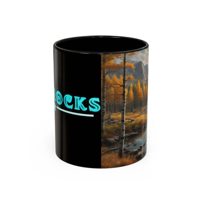 Autumn Mountain Landscape Accent Coffee Mug — Scenic River Cabin Decor ’Rocks’ Text Accent 11/15oz - Mug