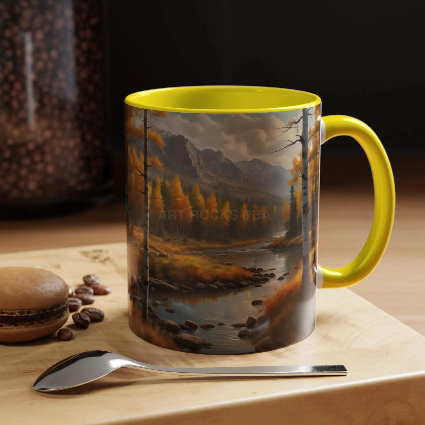Autumn Mountain Landscape Accent Coffee Mug — Scenic River Cabin Decor ’Rocks’ Text Accent 11/15oz - Mug