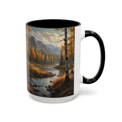 Autumn Mountain Landscape Accent Coffee Mug — Scenic River Cabin Decor ’Rocks’ Text Accent 11/15oz - Mug