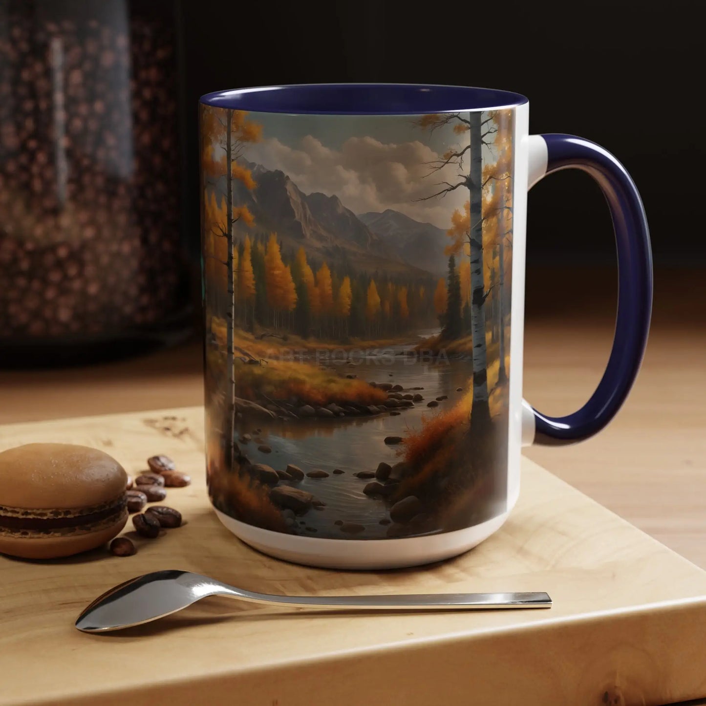 Autumn Mountain Landscape Accent Coffee Mug — Scenic River Cabin Decor ’Rocks’ Text Accent 11/15oz - Mug