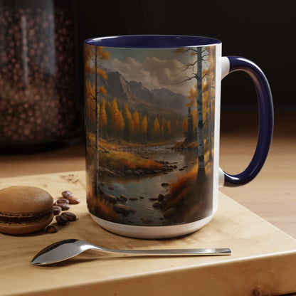 Autumn Mountain Landscape Accent Coffee Mug — Scenic River Cabin Decor ’Rocks’ Text Accent 11/15oz - Mug