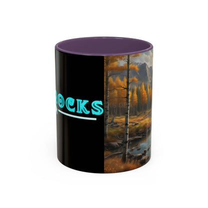 Autumn Mountain Landscape Accent Coffee Mug — Scenic River Cabin Decor ’Rocks’ Text Accent 11/15oz - 11oz / Purple - Mug