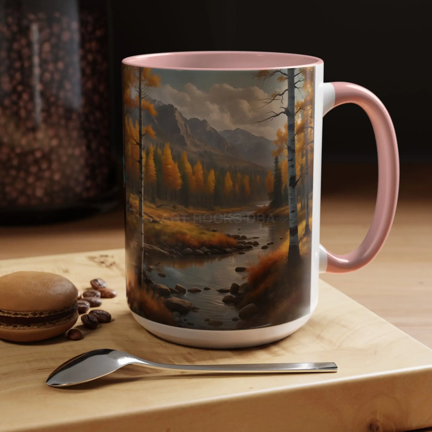 Autumn Mountain Landscape Accent Coffee Mug — Scenic River Cabin Decor ’Rocks’ Text Accent 11/15oz - Mug