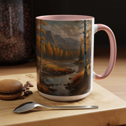 Autumn Mountain Landscape Accent Coffee Mug — Scenic River Cabin Decor ’Rocks’ Text Accent 11/15oz - Mug