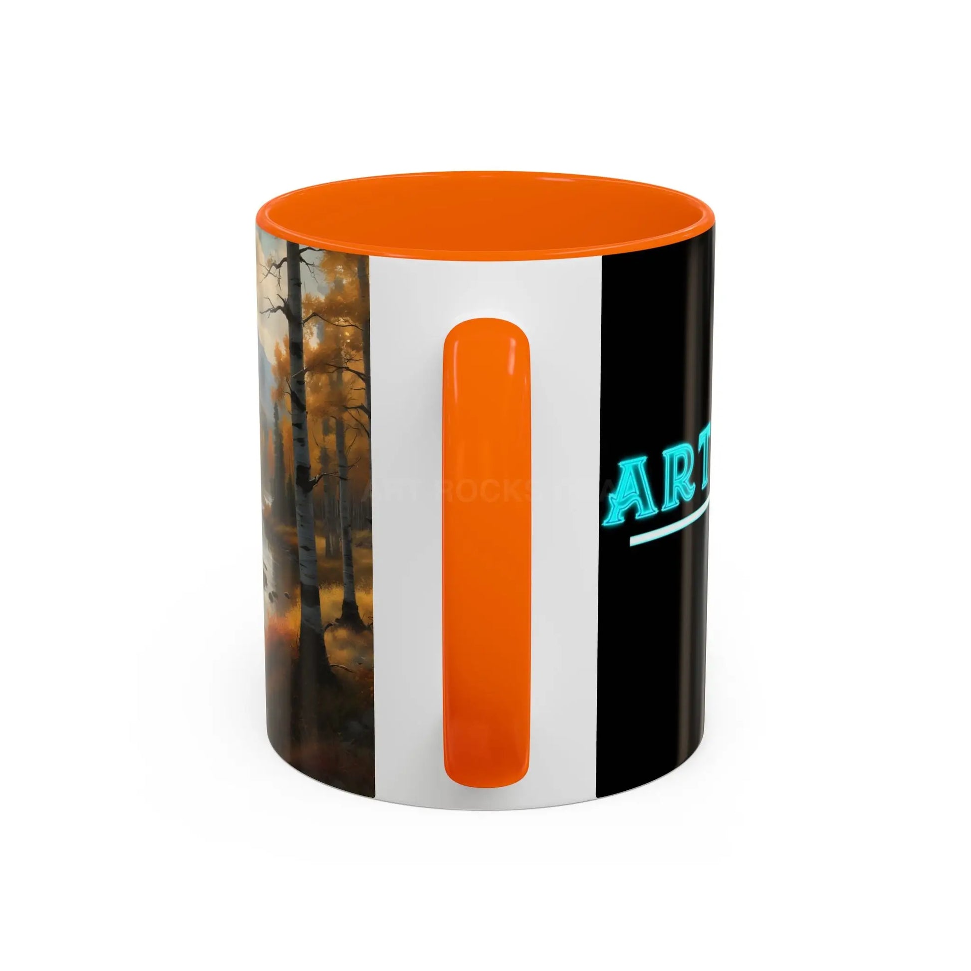 Autumn Mountain Landscape Accent Coffee Mug — Scenic River Cabin Decor ’Rocks’ Text Accent 11/15oz - Mug