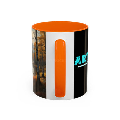Autumn Mountain Landscape Accent Coffee Mug — Scenic River Cabin Decor ’Rocks’ Text Accent 11/15oz - Mug