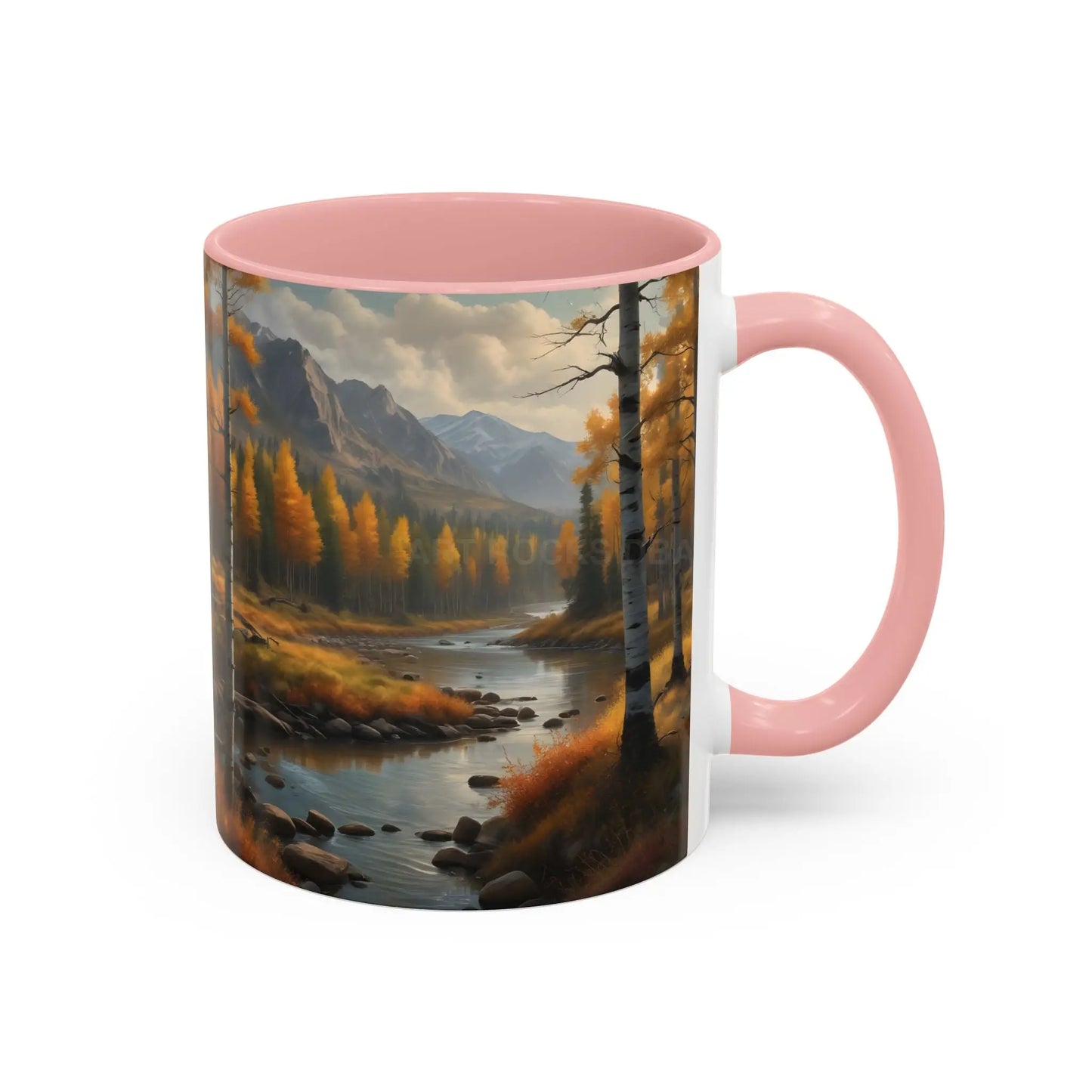 Autumn Mountain Landscape Accent Coffee Mug — Scenic River Cabin Decor ’Rocks’ Text Accent 11/15oz - Mug