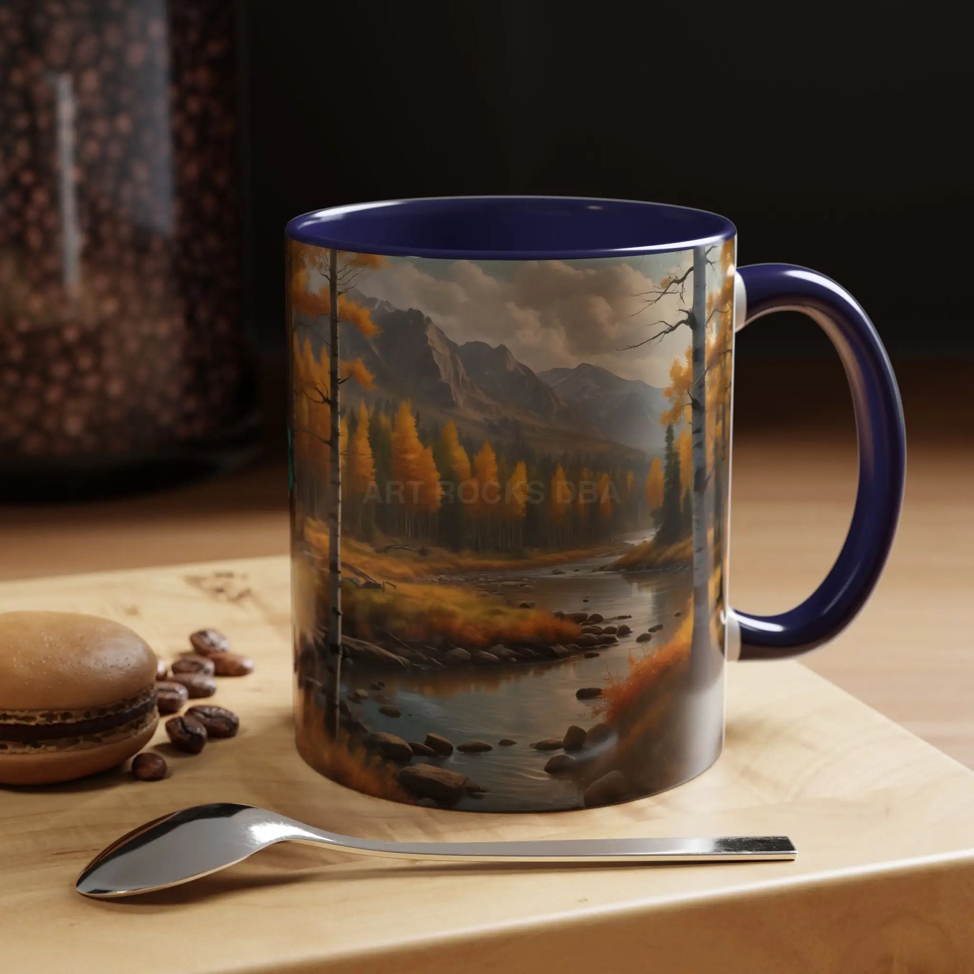 Autumn Mountain Landscape Accent Coffee Mug — Scenic River Cabin Decor ’Rocks’ Text Accent 11/15oz - Mug