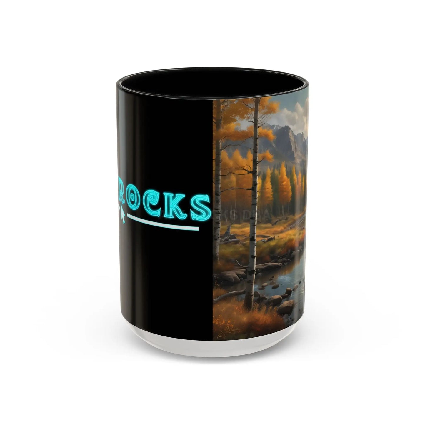 Autumn Mountain Landscape Accent Coffee Mug — Scenic River Cabin Decor ’Rocks’ Text Accent 11/15oz - 15oz / Black - Mug