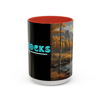Autumn Mountain Landscape Accent Coffee Mug — Scenic River Cabin Decor ’Rocks’ Text Accent 11/15oz - 15oz / Red - Mug