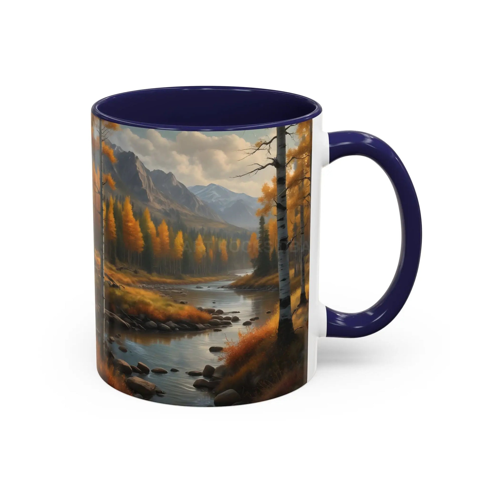 Autumn Mountain Landscape Accent Coffee Mug — Scenic River Cabin Decor ’Rocks’ Text Accent 11/15oz - Mug