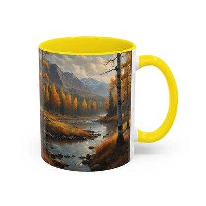 Autumn Mountain Landscape Accent Coffee Mug — Scenic River Cabin Decor ’Rocks’ Text Accent 11/15oz - Mug
