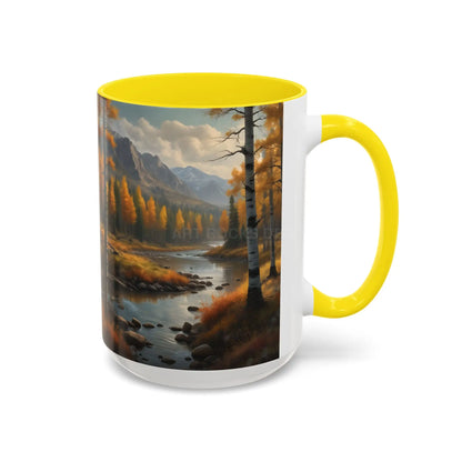 Autumn Mountain Landscape Accent Coffee Mug — Scenic River Cabin Decor ’Rocks’ Text Accent 11/15oz - Mug