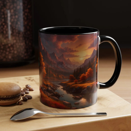 Autumn Mountain Landscape Coffee Mug – Sunset Mountain River Accent Mug (11/15 oz) - 11oz / Black - Mug