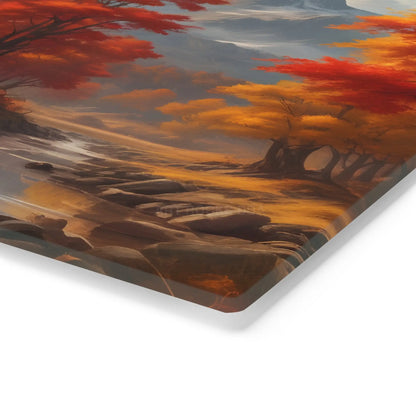 Autumn Mountain Landscape Glass Cutting Board — Scenic Fall Trees & Stream Kitchen Decor - Home Decor