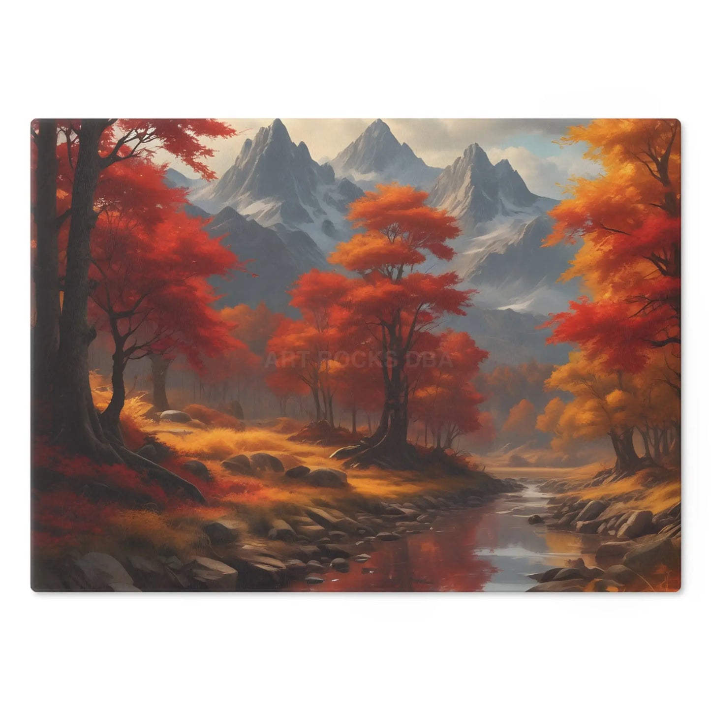 Autumn Mountain Landscape Glass Cutting Board — Scenic Fall Trees & Stream Kitchen Decor - Home Decor