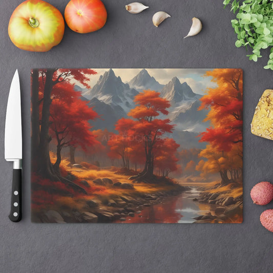 Autumn Mountain Landscape Glass Cutting Board — Scenic Fall Trees & Stream Kitchen Decor - Large - Home Decor