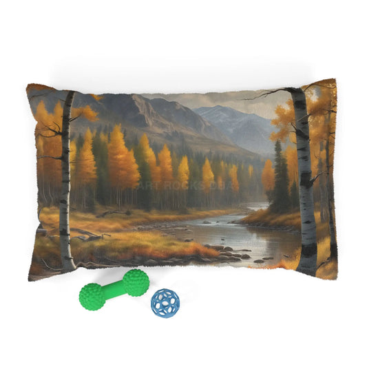 Autumn Mountain Stream Pet Bed — Cozy Scenic Dog & Cat Cushion - 28’’ × 18’’ - Pets