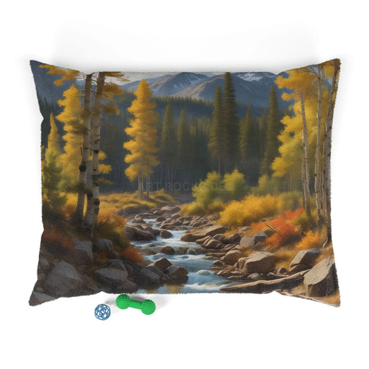Autumn Mountain Stream Pet Bed — Scenic Plush Dog & Cat Pillow - 50’’ × 40’’ - Pets