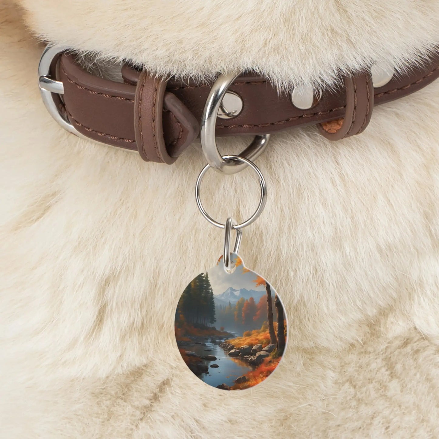Autumn Mountain Stream Pet Tag — Scenic Fall Landscape Dog & Cat ID Charm - 1’’ - Pets