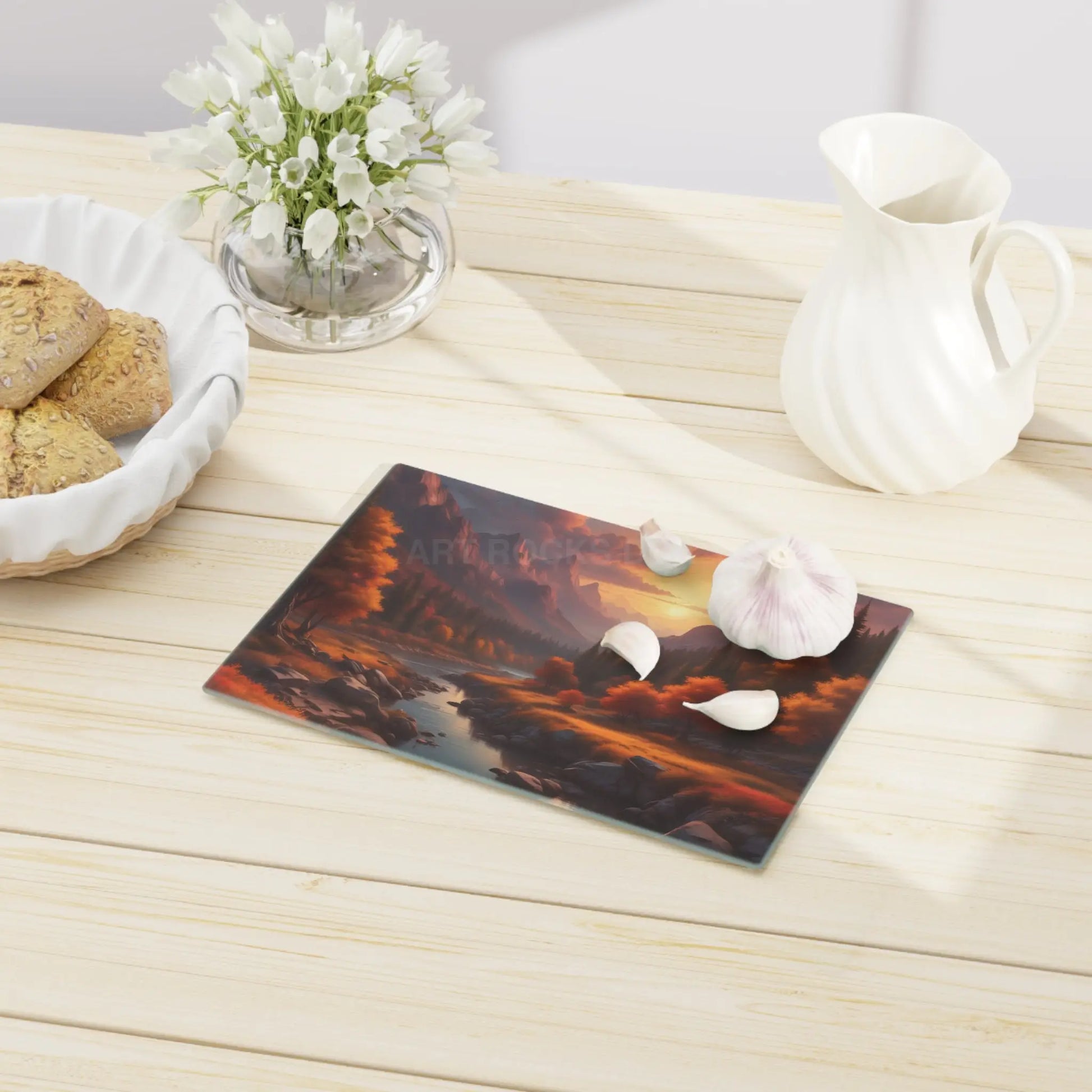 Autumn Mountain Valley Cutting Board — Scenic Sunset Landscape Charcuterie Board - Home Decor