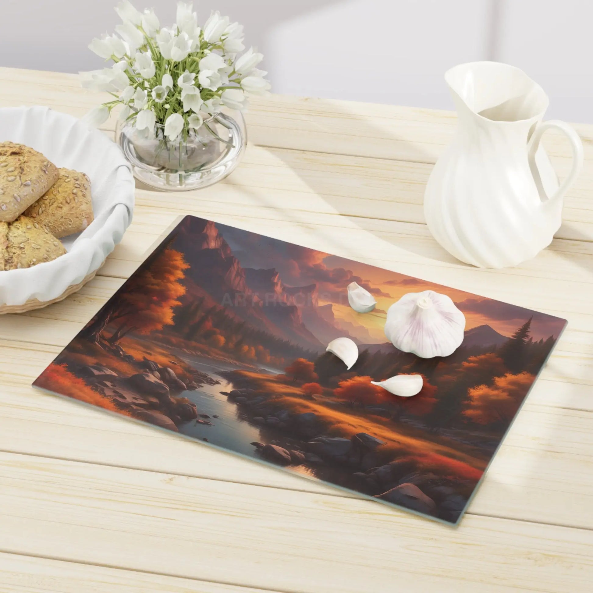 Autumn Mountain Valley Cutting Board — Scenic Sunset Landscape Charcuterie Board - Home Decor