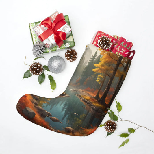 Autumn River Christmas Stocking — Scenic Forest Holiday Stocking - One size - Home Decor