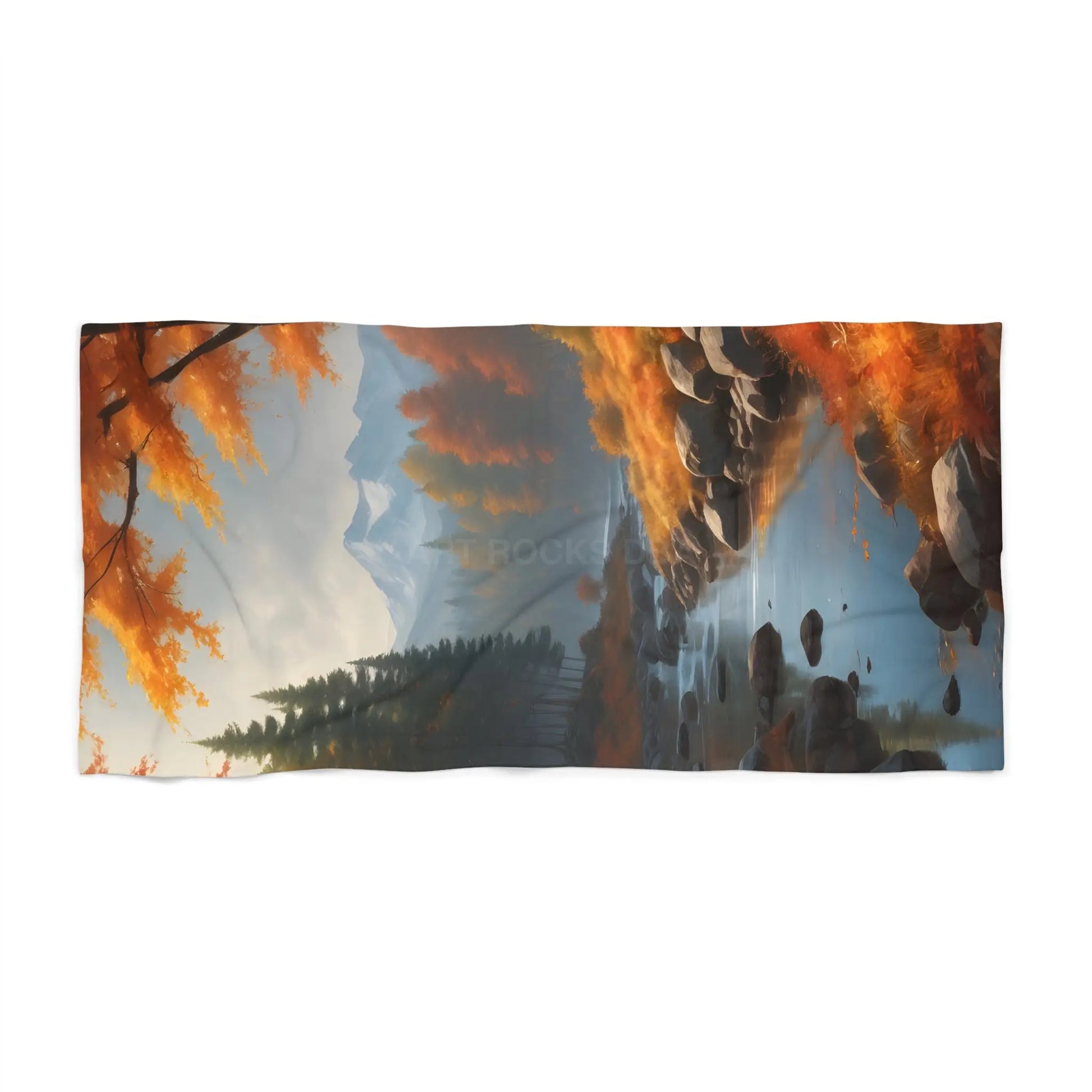 Autumn River Landscape Beach Towel — Scenic Fall Mountain Lake Design - 30’’ × 60’’ - Home Decor