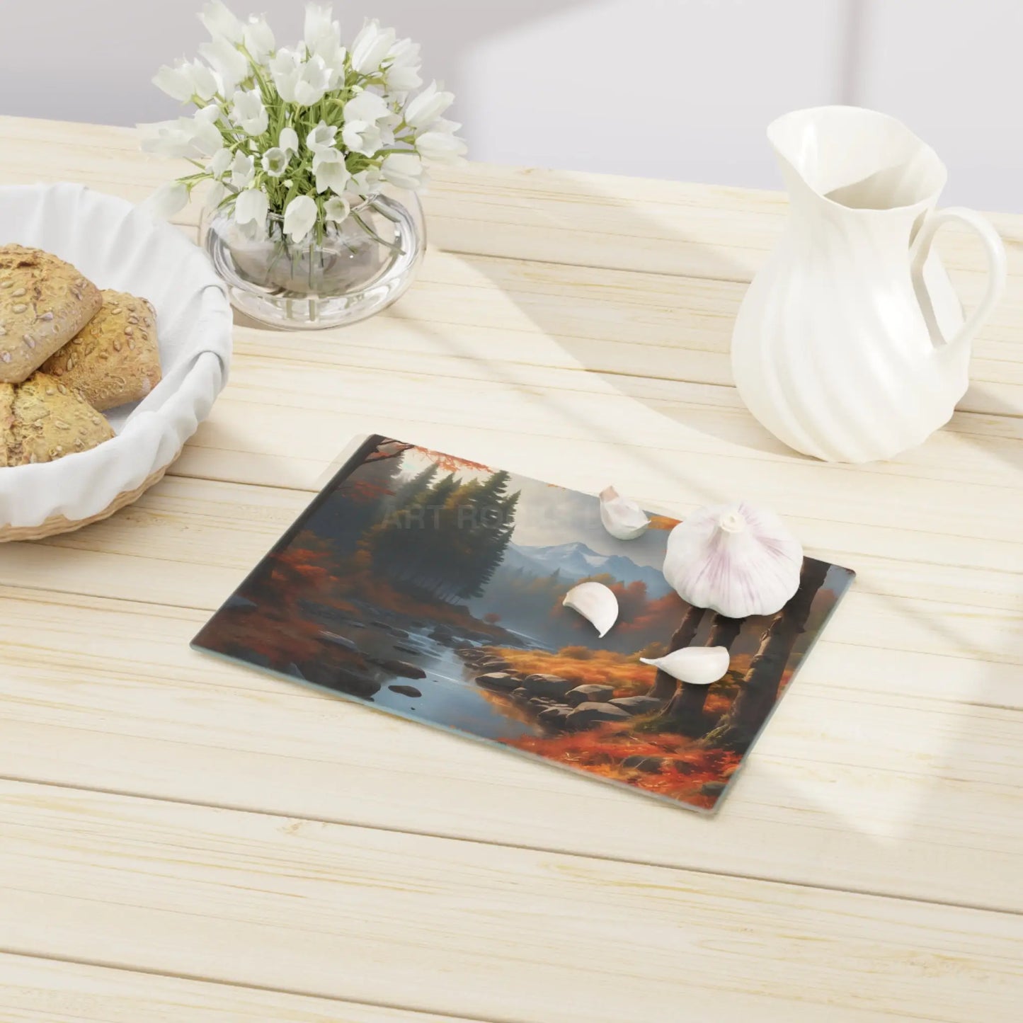 Autumn River Landscape Cutting Board — Scenic Forest & Mountain Kitchen Decor - Home Decor
