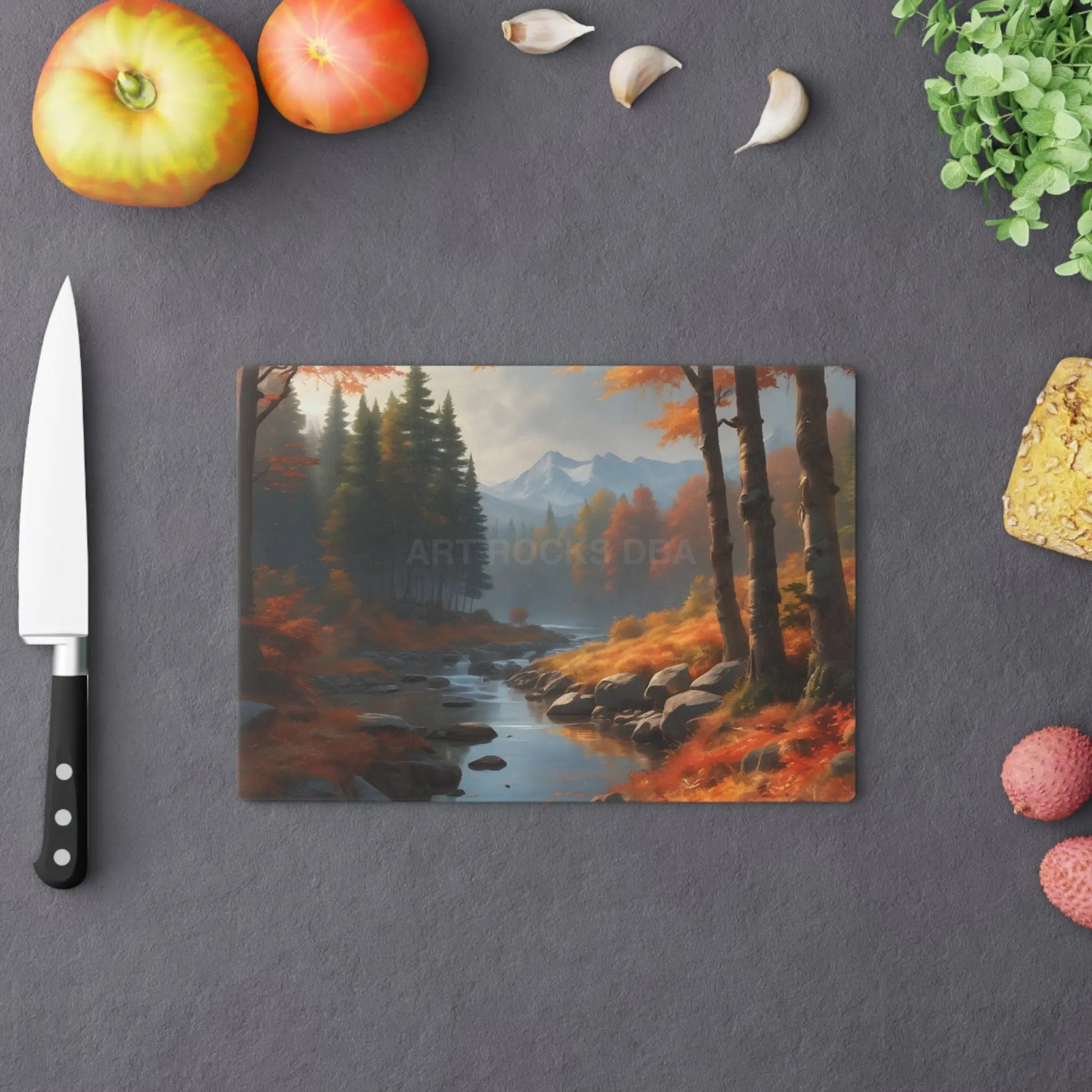 Autumn River Landscape Cutting Board — Scenic Forest & Mountain Kitchen Decor - Home Decor