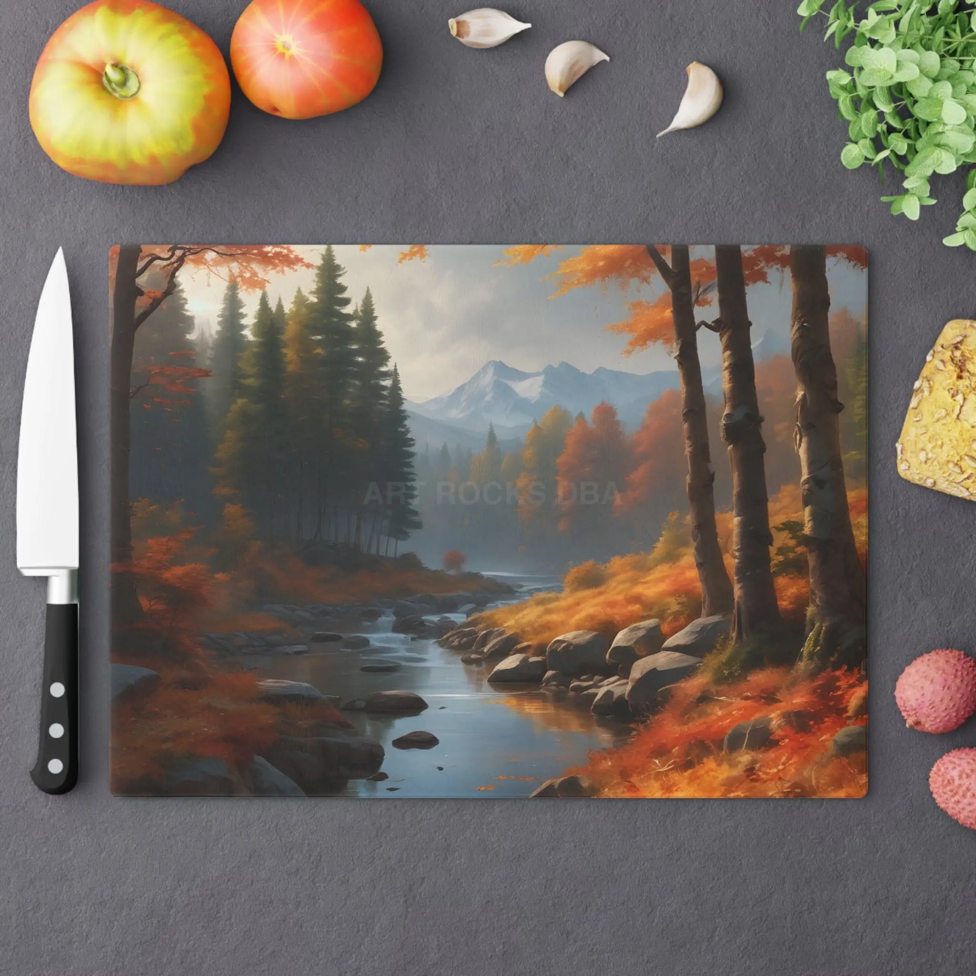 Autumn River Landscape Cutting Board — Scenic Forest & Mountain Kitchen Decor - Large - Home Decor