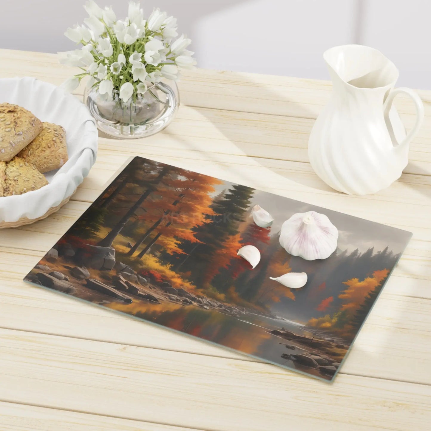 Autumn River Scenic Cutting Board — Fall Forest Landscape Kitchen Decor - Home Decor