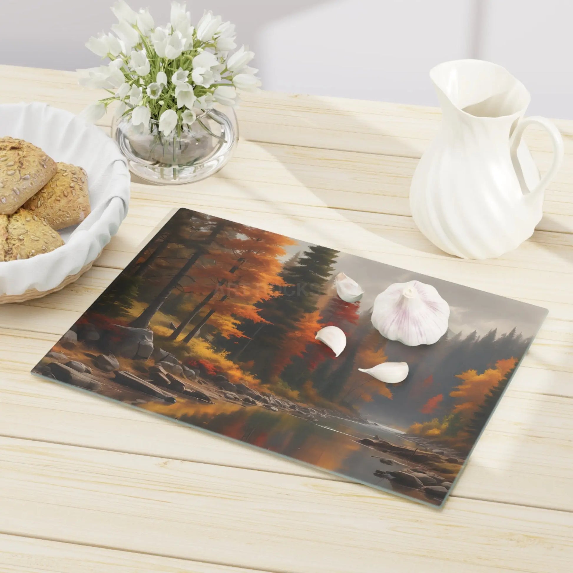 Autumn River Scenic Cutting Board — Fall Forest Landscape Kitchen Decor - Home Decor