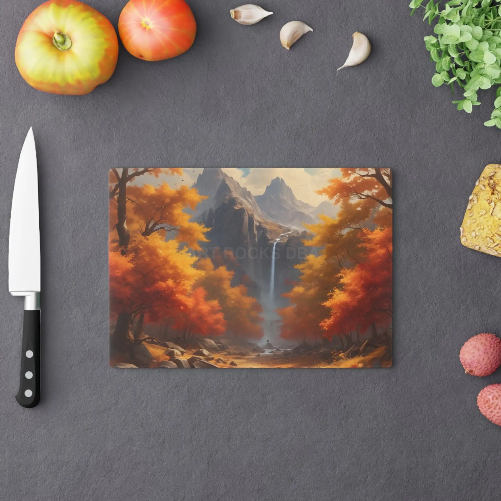 Autumn Waterfall Cutting Board – Scenic Fall Landscape Serve & Prep Board - Home Decor