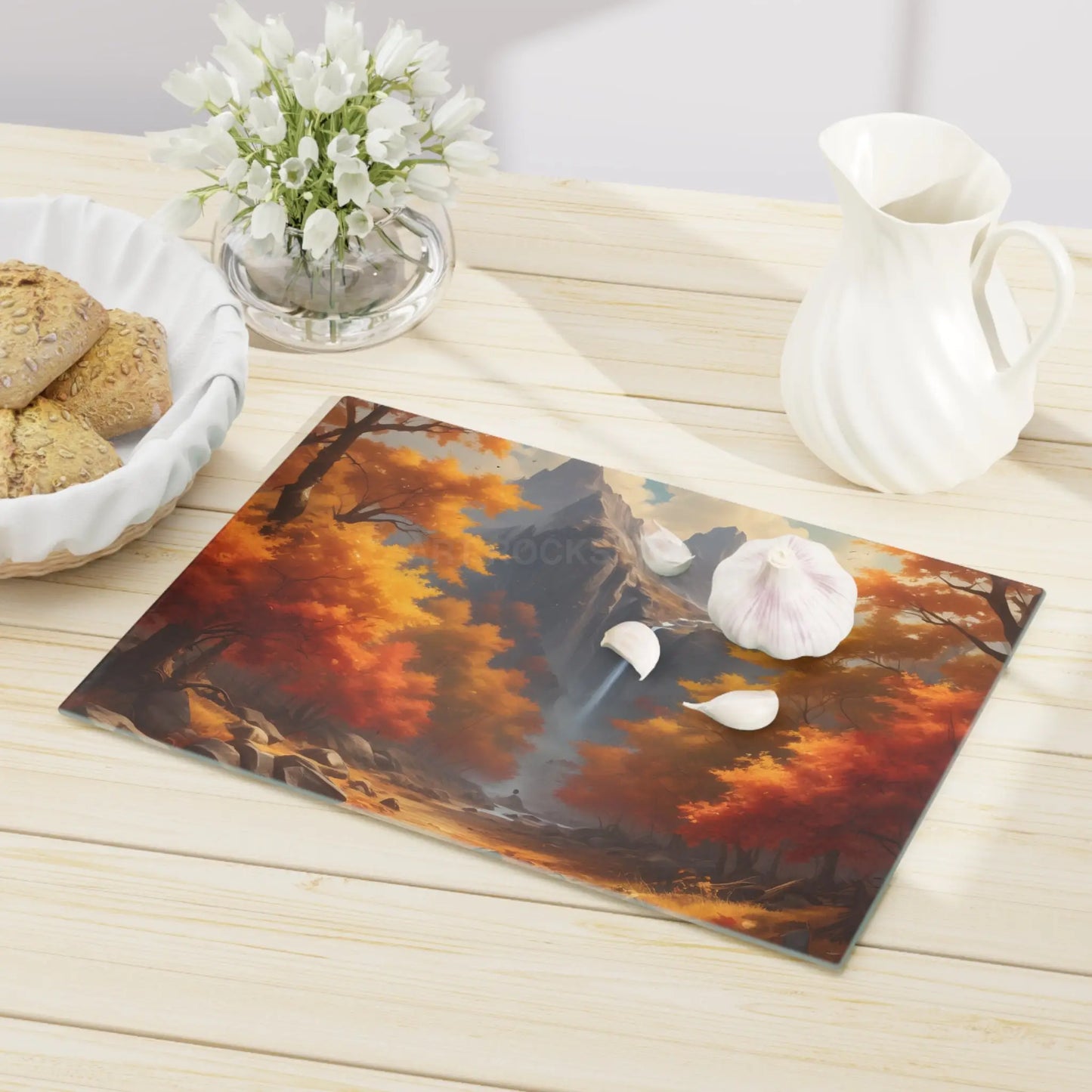 Autumn Waterfall Cutting Board – Scenic Fall Landscape Serve & Prep Board - Home Decor