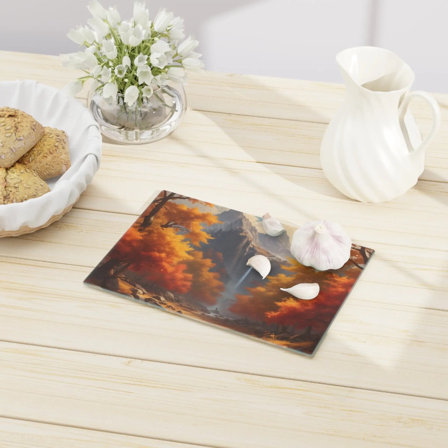 Autumn Waterfall Cutting Board – Scenic Fall Landscape Serve & Prep Board - Home Decor
