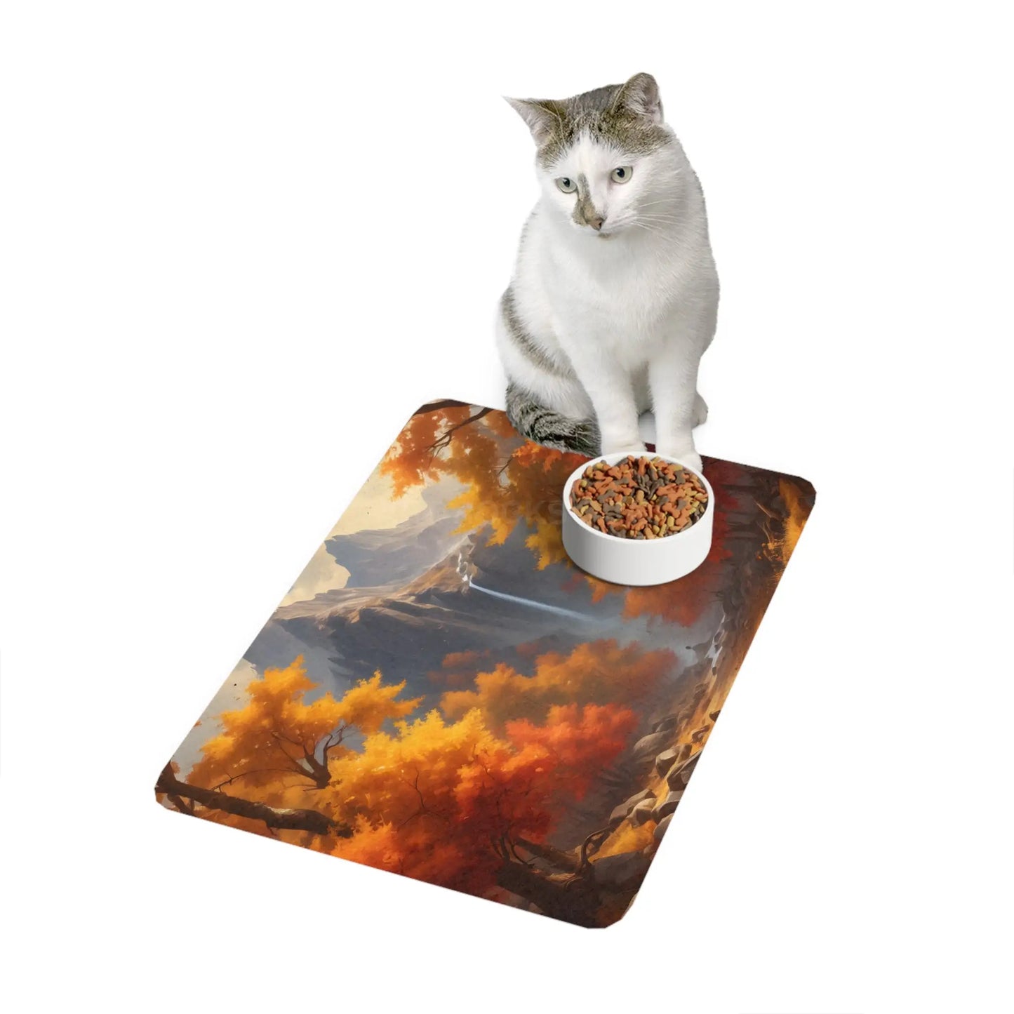 Autumn Waterfall Pet Food Mat (12x18) — Fall Forest Placemat for Dogs & Cats - 12’’ × 18’’ / Rectangle - Pets