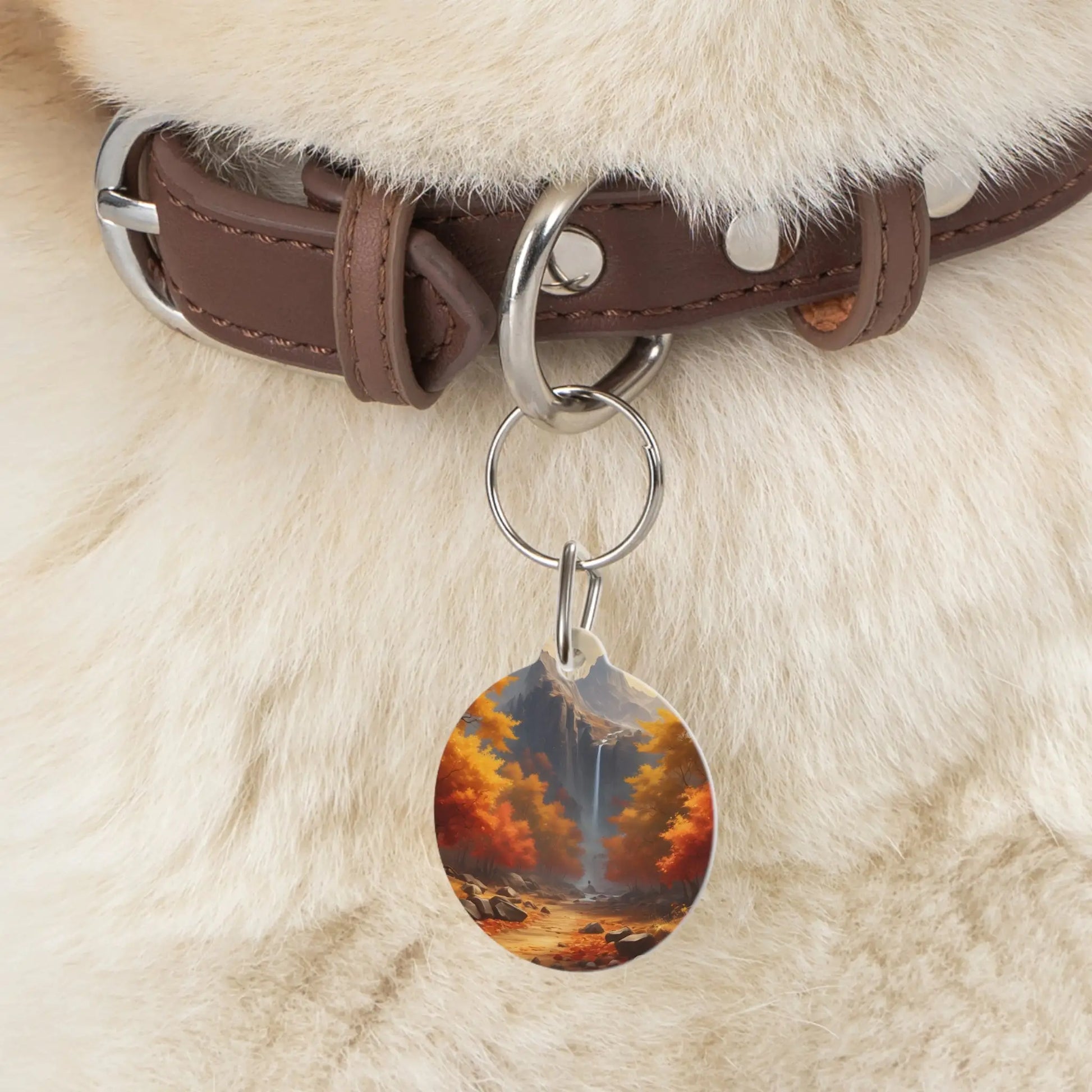 Autumn Waterfall Pet Tag — Fall Forest Dog ID Tag - 1’’ - Pets