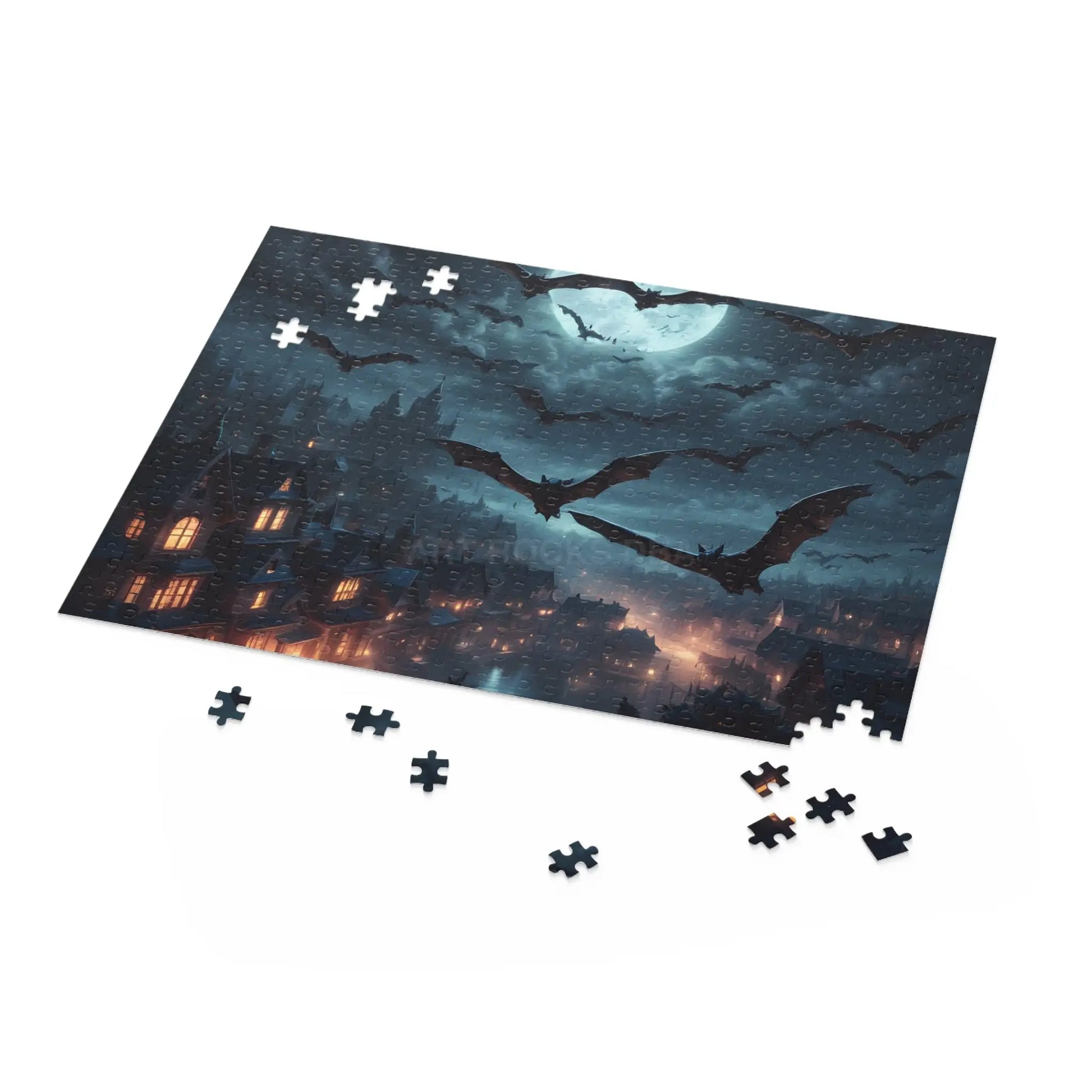 Bat Swarm Moonlight Puzzle — Spooky Gothic 120/252/500-Piece Jigsaw - Puzzle