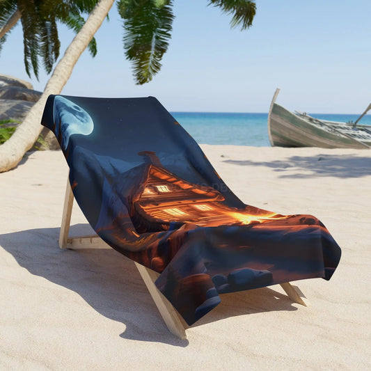Beach Towel — Cozy Cabin by Moonlight Design (Bonfire Winter Lodge Scene) - 36’’ × 72’’ - Home Decor