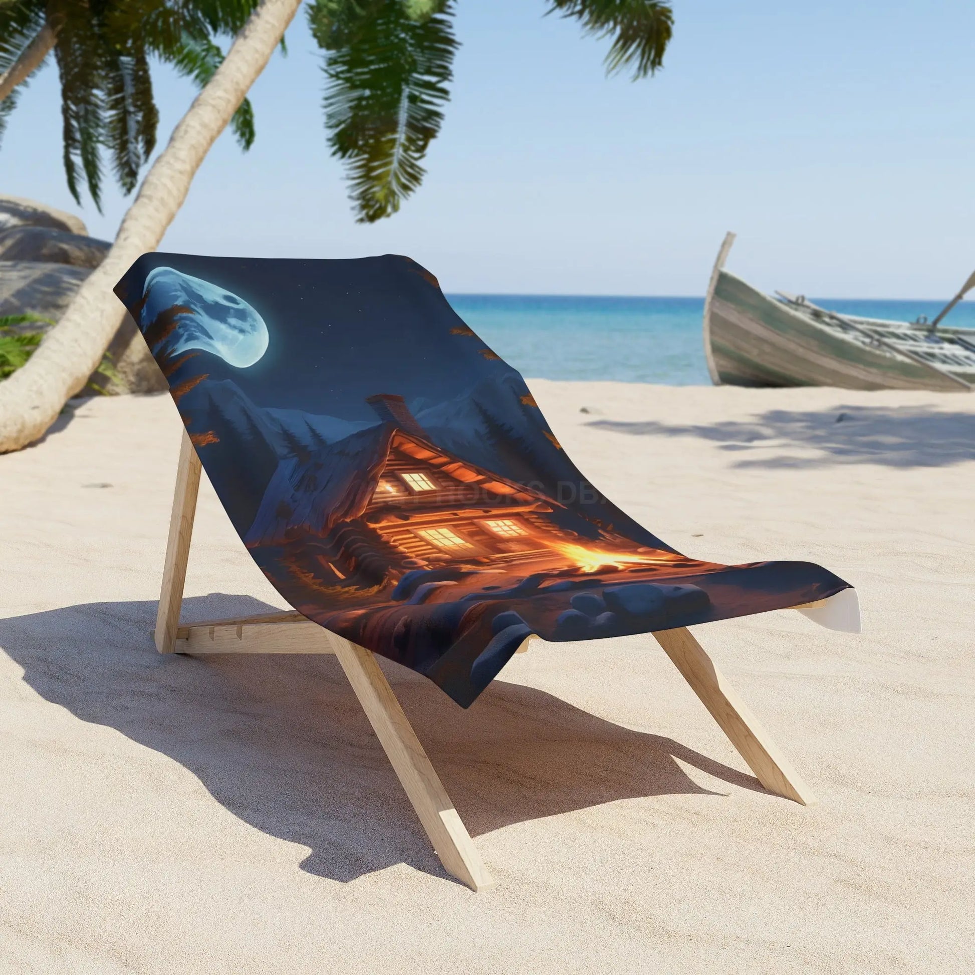 Beach Towel — Cozy Cabin by Moonlight Design (Bonfire Winter Lodge Scene) - Home Decor