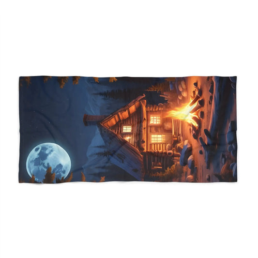 Beach Towel — Cozy Cabin by Moonlight Design (Bonfire Winter Lodge Scene) - 30’’ × 60’’ - Home Decor