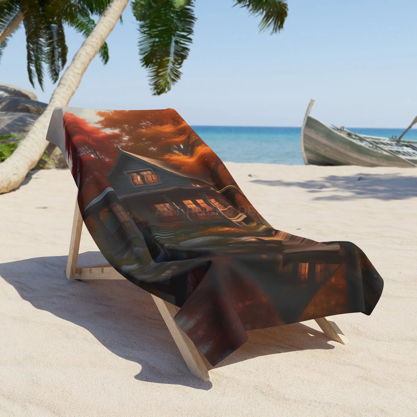 Beach Towel — Cozy Lakeside Cabin Sunset Design - Home Decor