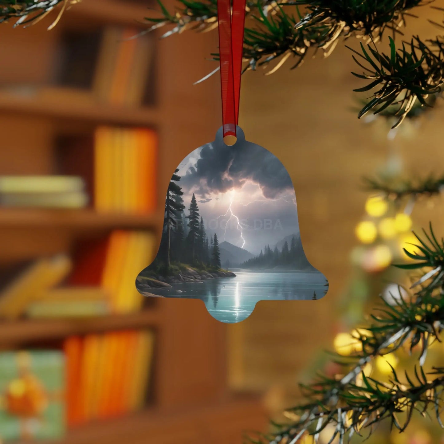 Bell Metal Ornament — Moody Mountain Lightning Lake Scene Holiday Decoration - Bell / One Size - Home Decor
