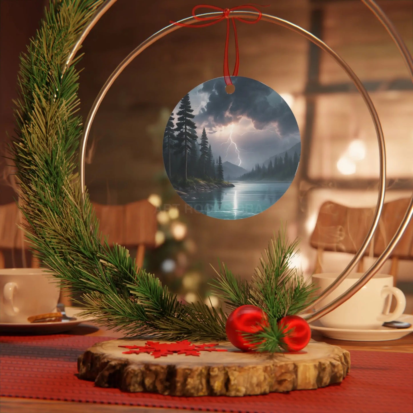 Bell Metal Ornament — Moody Mountain Lightning Lake Scene Holiday Decoration - Home Decor