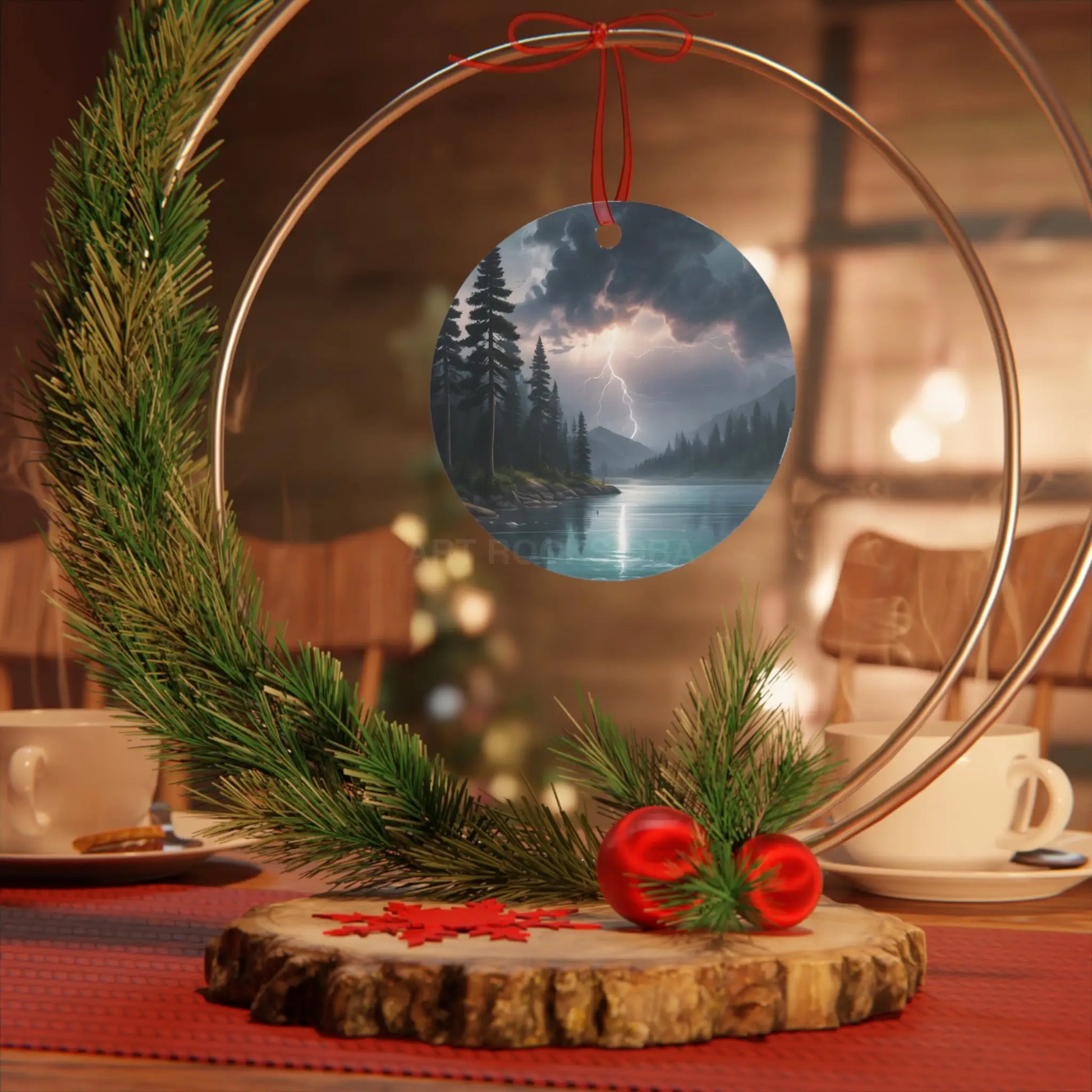 Bell Metal Ornament — Moody Mountain Lightning Lake Scene Holiday Decoration - Home Decor