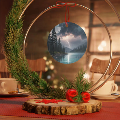 Bell Metal Ornament — Moody Mountain Lightning Lake Scene Holiday Decoration - Home Decor