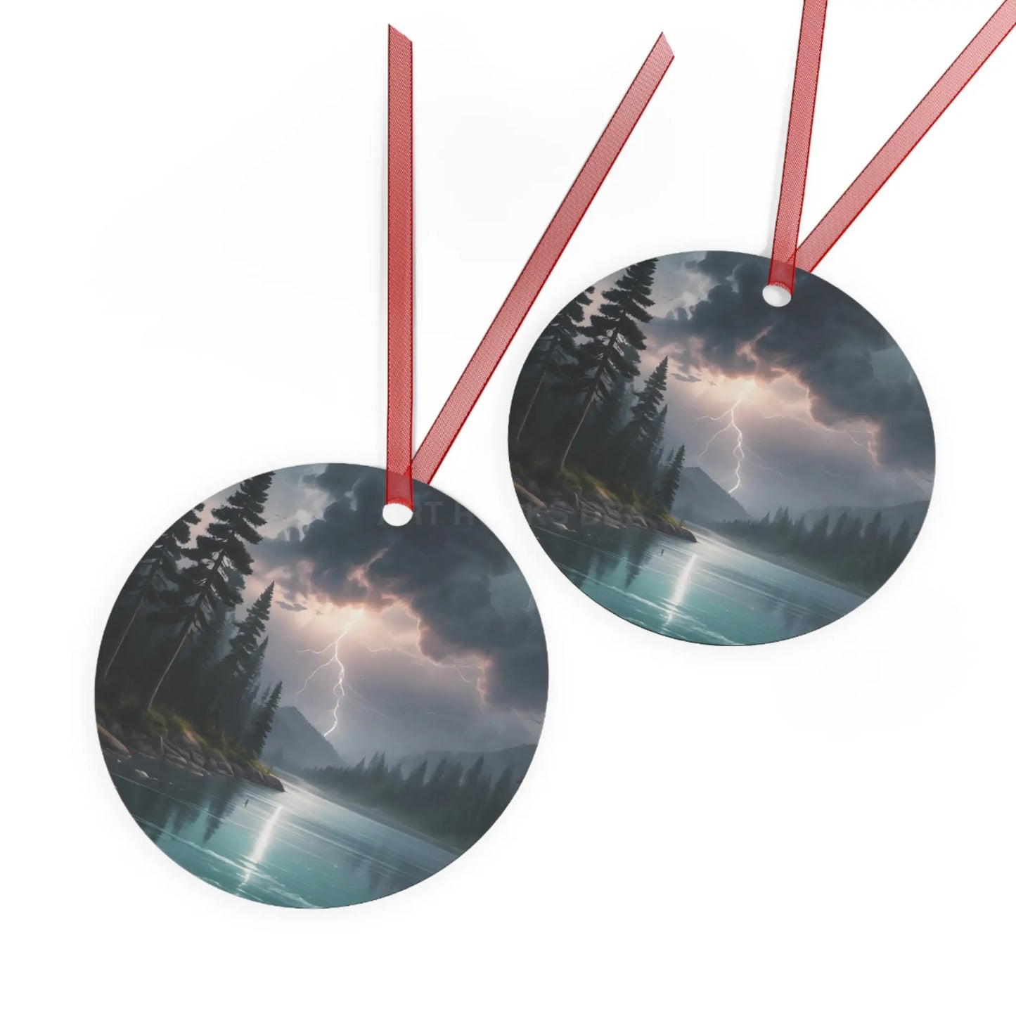 Bell Metal Ornament — Moody Mountain Lightning Lake Scene Holiday Decoration - Home Decor